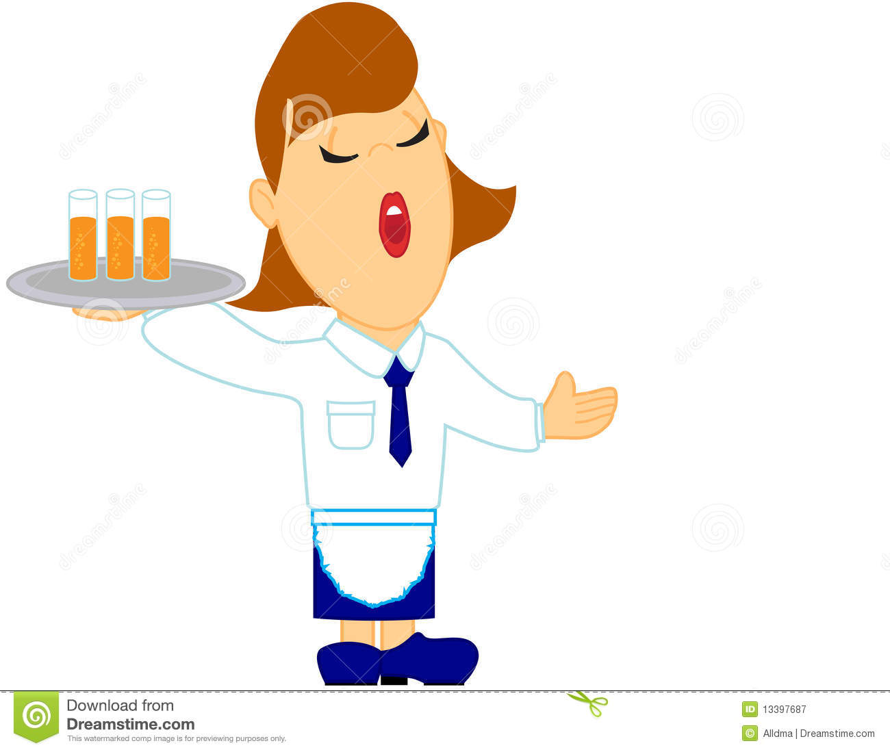 Cartoon Illustration Of Waitress With Tray Of Drinks Isolated On