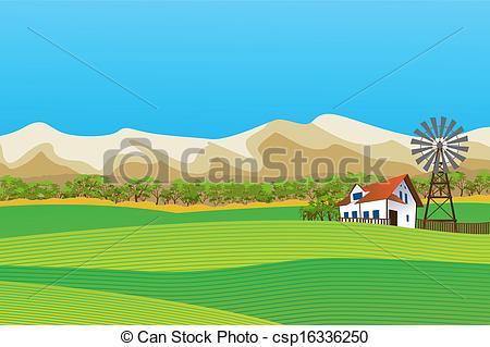 Clipart Vector Of Rural Landscape With Isolated Farm And Mountains