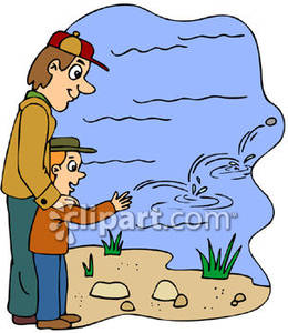 Father And Son Skipping Rocks At A Lake   Royalty Free Clipart Picture