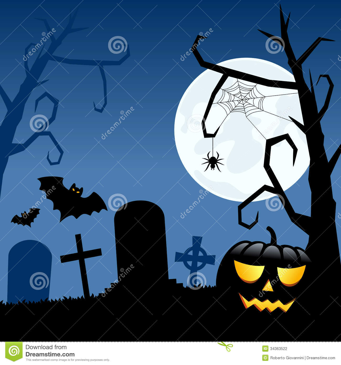 Halloween Night Scene Background With The Moon Over A Creepy Graveyard    