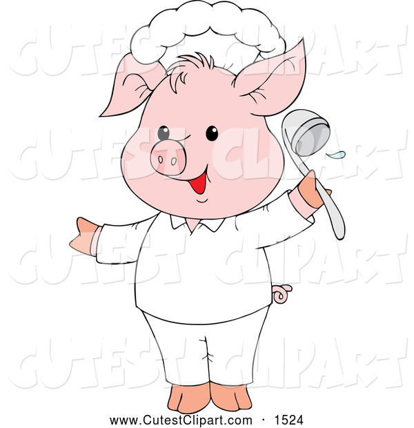 Vector Clip Art Of A Cute Pink Pig Chef Holding A Ladle In A Kitchen    