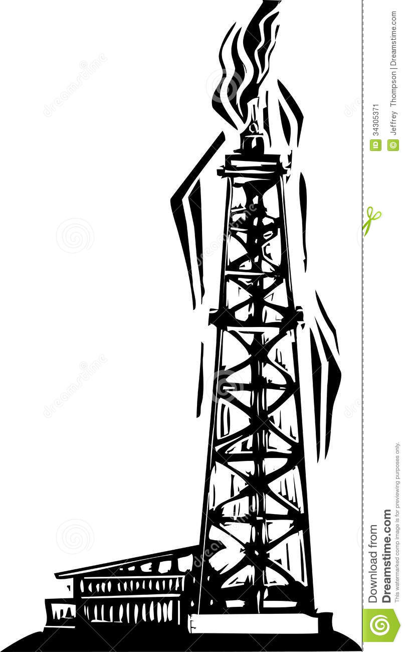 Woodcut Style Image Of An Oil Drilling Well For Petroleum Exploration