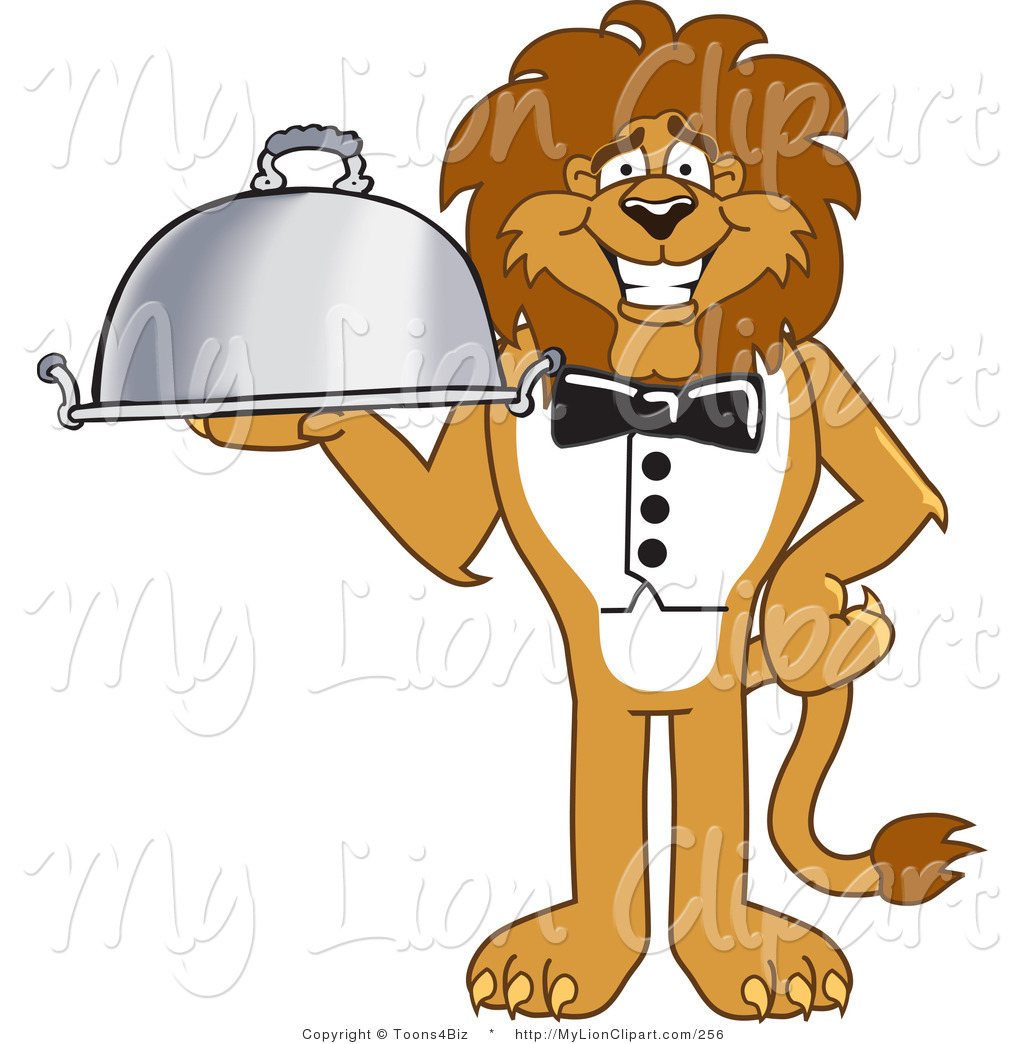Clipart Of A Grinning Lion Character Mascot Serving A Platter By