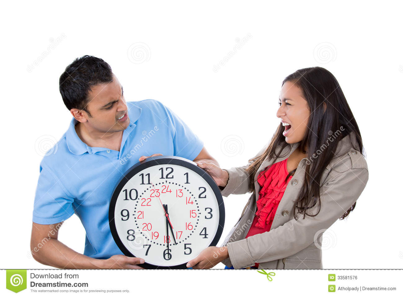 Closeup Portrait Of Men And Women Fighting Over Time  Guy Wants Some