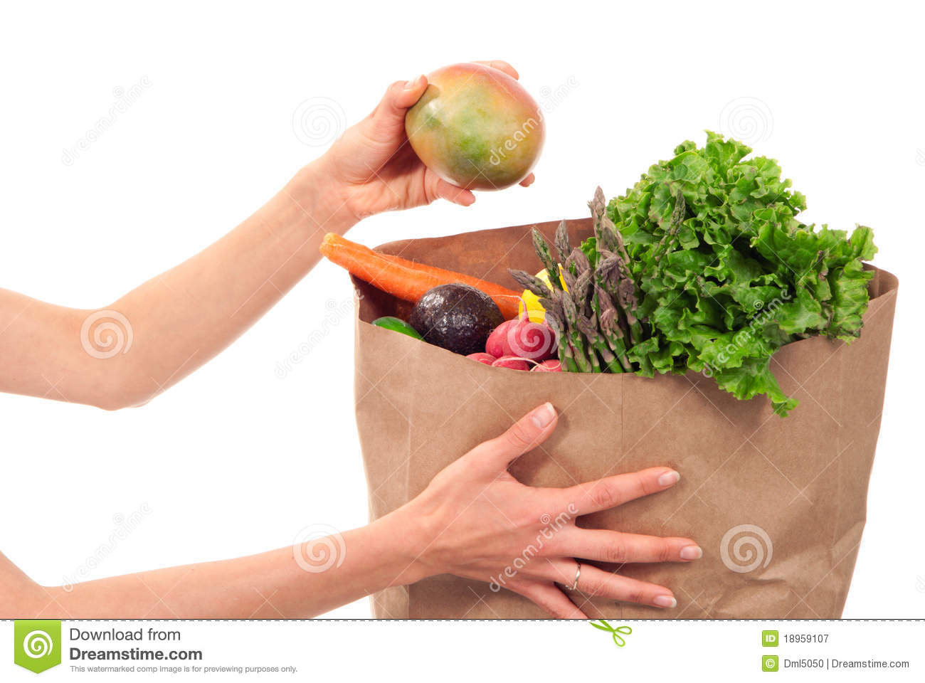 Hands Holding A Shopping Paper Bag Full Of Groceries One Hand Taking    
