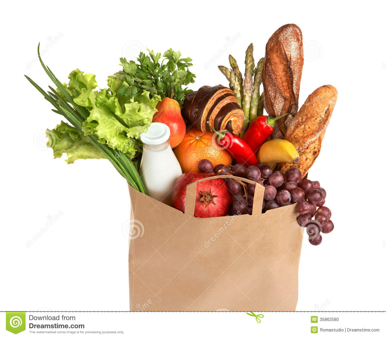 Of Assorted Foods In Brown Grocery Bag Isolated Over White Background
