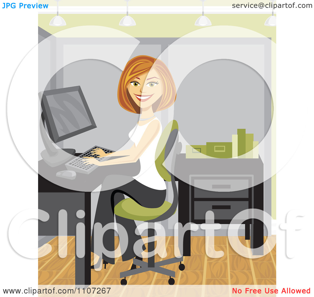 Clipart Happy Woman Working In Her Office Cubicle   Royalty Free