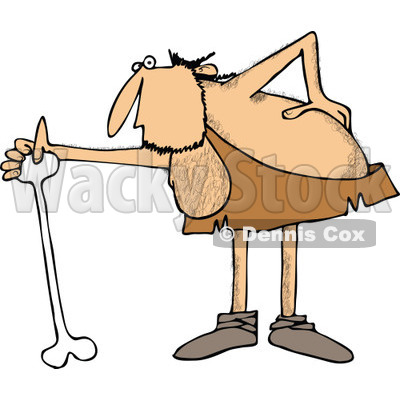 Clipart Of A Hairy Caveman With An Injured Back Using A Bone Cane
