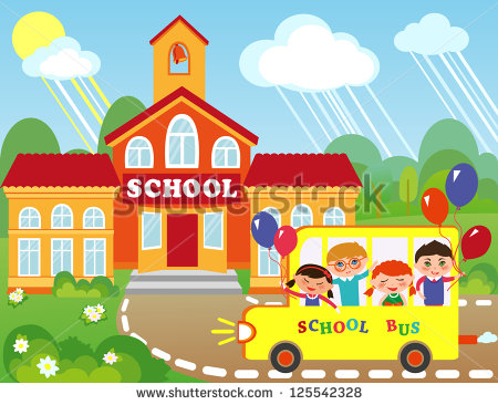 Illustration Of Cartoon School Building  Children Are Going To School