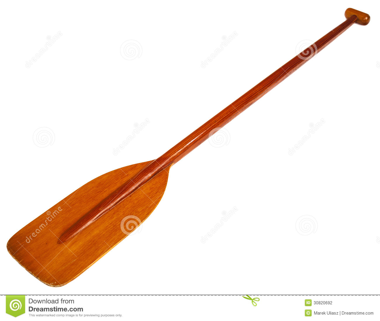 Old Wooden Canoe Paddle With A Blade Reinforced By Fiberglass