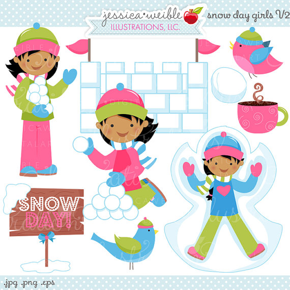 Snow Day Girls V2 Cute Digital Clipart   Commercial Use Ok   Snow