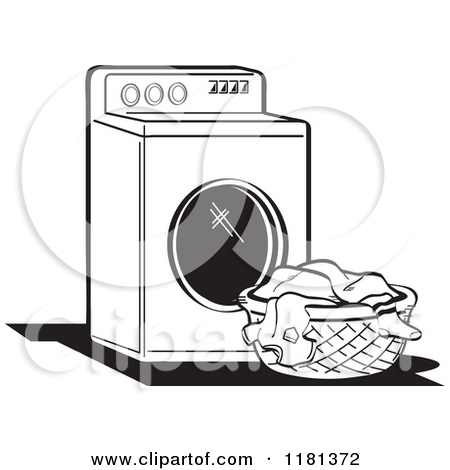 1181372 Cartoon Of A Black And White Retro Washing Machine And Laundry    