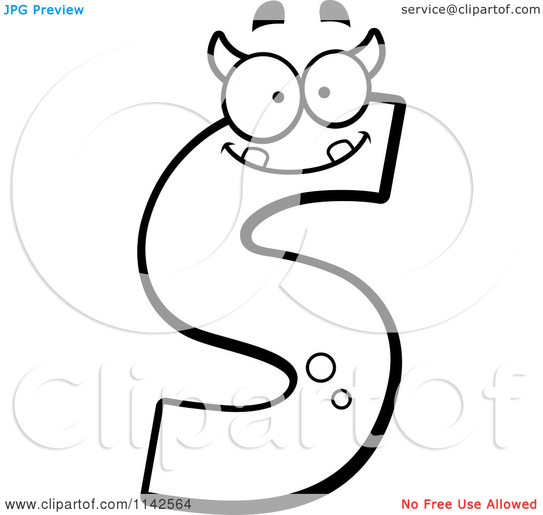 Cartoon Clipart Of A Black And White Alien Letter S   Vector Outlined