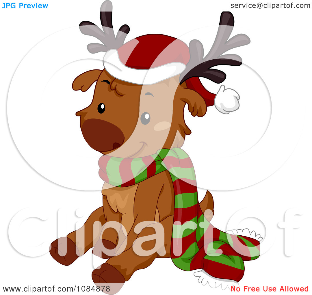 Clipart Christmas Reindeer Sitting With A Scarf And Santa Hat