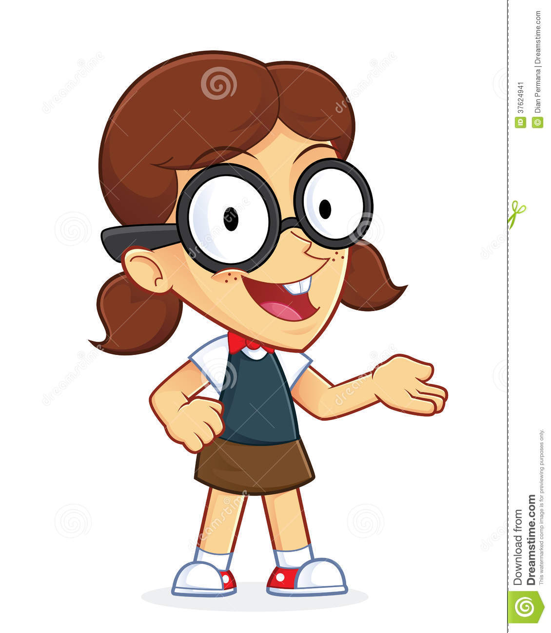 Clipart Picture Of A Girl Geek Cartoon Character In Welcoming Gesture