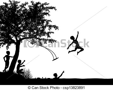 Editable Vector Silhouette Of Young Boys Leaping Off A Tree Swing Into    