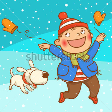 Winter Boy And Dog Playing With Children Illustration For School Books