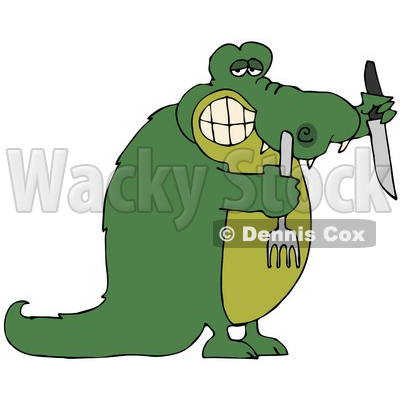 Clipart Illustration Of A Hungry Green Croc Holding A Knife And Fork