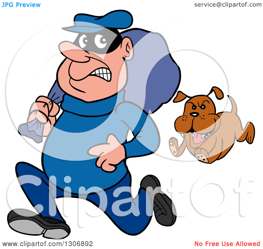 Clipart Of A Cartoon Guard Dog Chasing A Robber   Royalty Free Vector