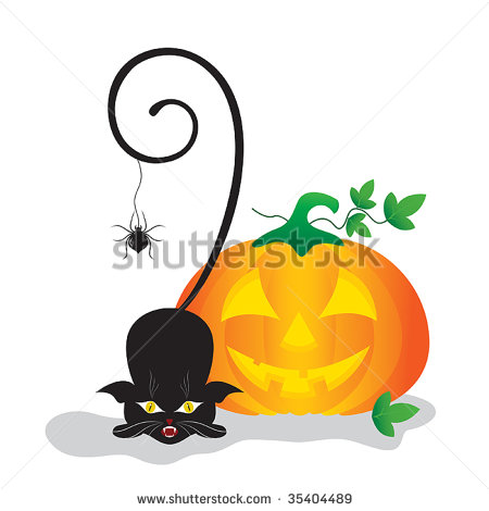 Halloween Clip Art With Pumpkin Spider And A Black Cat  Stock Vector    