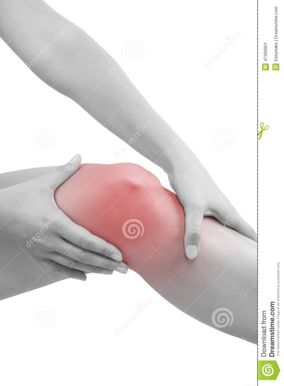 Knee Injury  Woman Holding Her Knee With Highlighted Pain Area