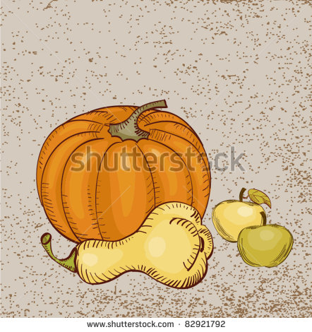 Pumpkin Butternut Squash Apples On Grunge Beige Background Vector