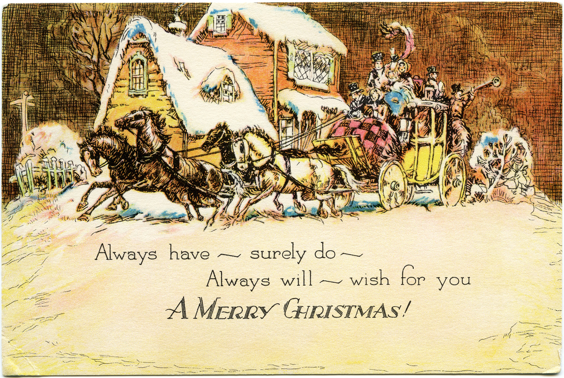 Vintage Christmas Card Horse Drawn Carriage Clipart Old Fashioned