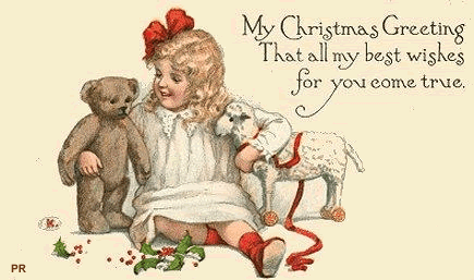 Vintage Girl Teddy Bear Toys Merry Christmas Card Greetings Icon Icons