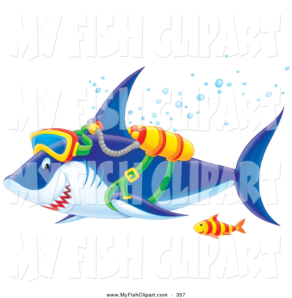 Clip Art Of A Mean Blue And White Shark Swimming With A Fish While