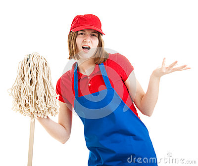 Teenage Worker With A Bad Attitude Holding A Mop  Isolated On White