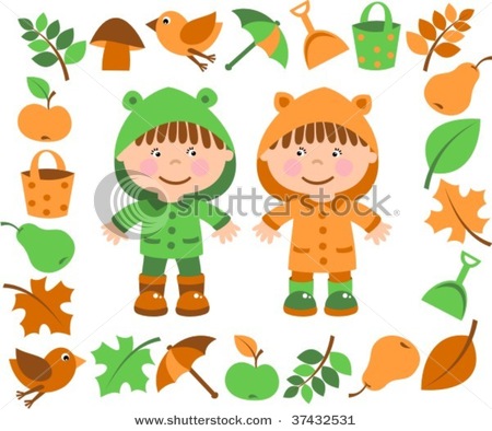 Twin Sisters In Autumn With Seasonal Icons And Symbols For Fall