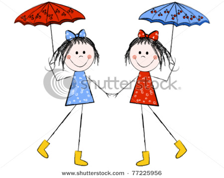 Twin Sisters Or Twin Girls With Umbrellas Holding Hands   Vector Clip