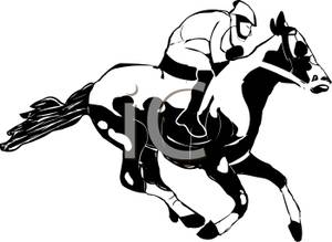 Black And White Cartoon Of A Horse Race On The Downs   Royalty Free    