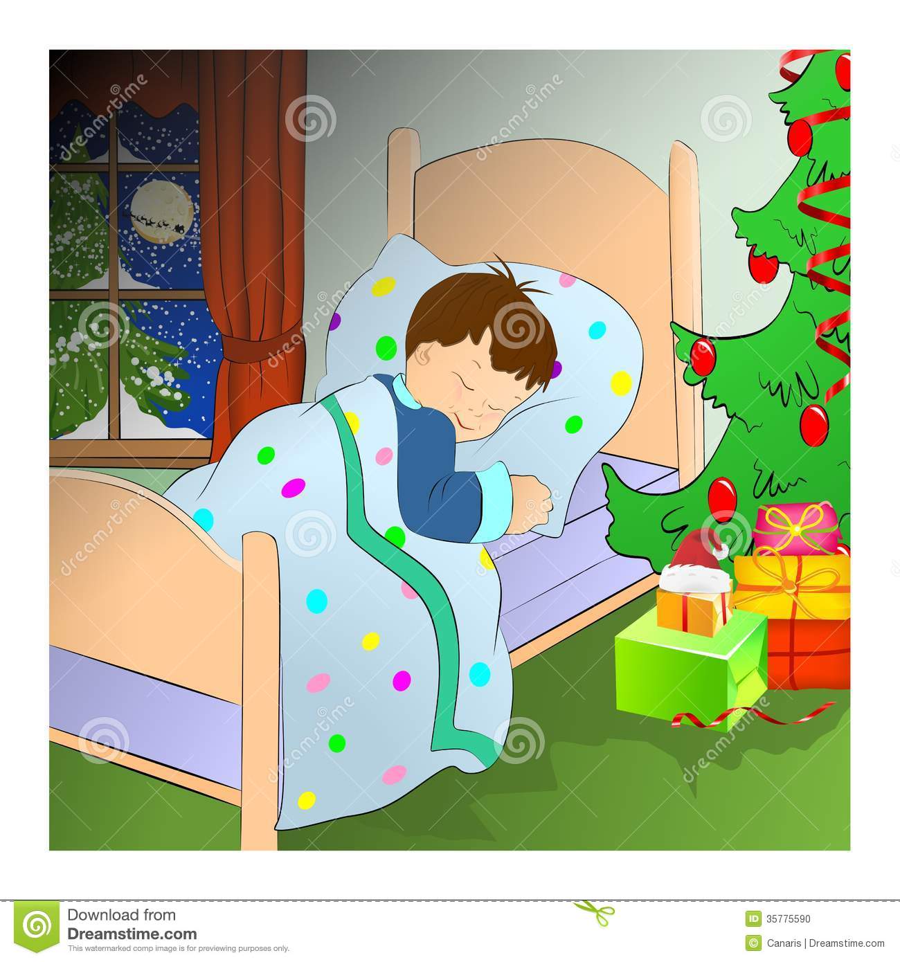 Boy Sleeping In Bed Christmas Tree And Presents
