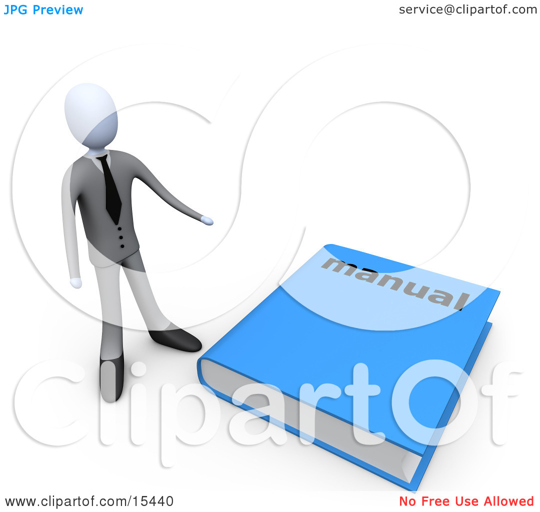 Businessman Standing Beside A Giant Blue Manual Clipart Illustration