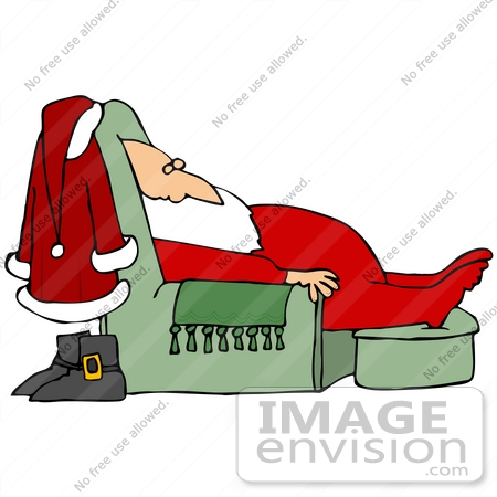 Clip Art Graphic Of A Tired Santa Taking A Nap In A Green Living Room