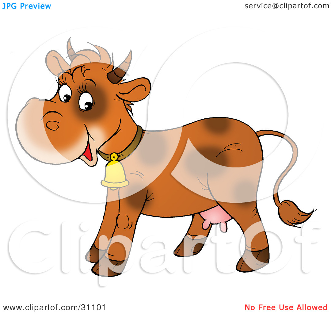 Clipart Illustration Of A Cute Brown Spotted Dairy Cow Wearing A Bell