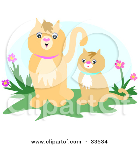 Clipart Illustration Of An Adult Beige Cat Standing Beside Her Kitten