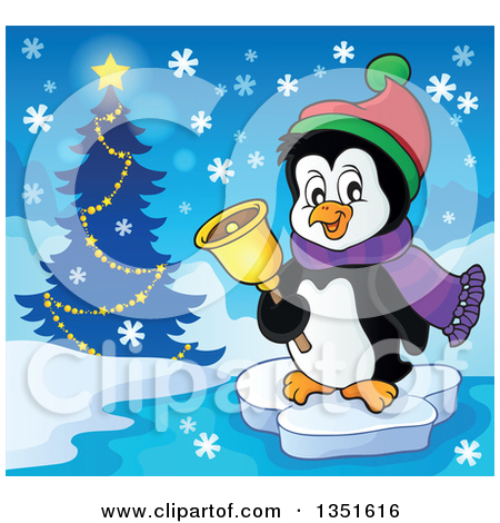 Clipart Of A Cute Christmas Penguin Floating On Ice And Ringing A Bell