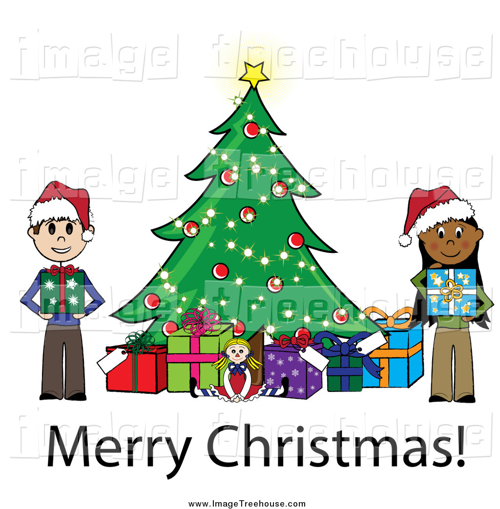 Clipart Of A Merry Christmas Stick Kids Holding Presents Beside A