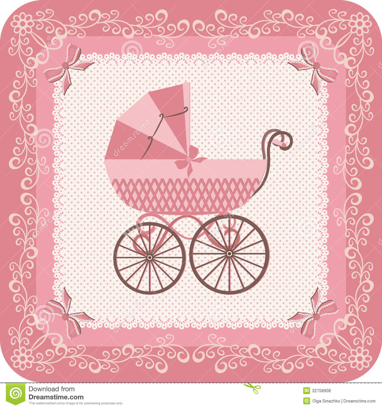 Congratulatory Vintage Postcard For Baby With Pink Carriage