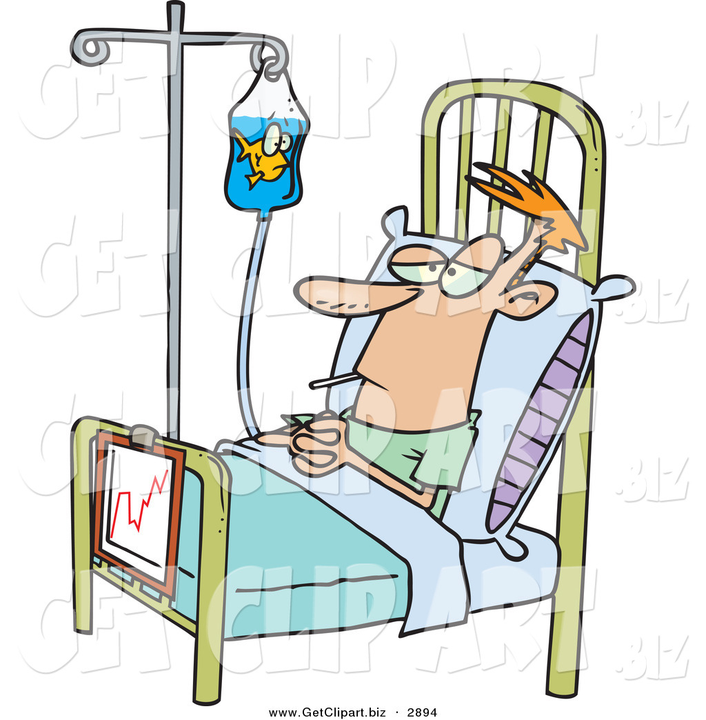 Clip Art Of A Sick Male Hospital Patient In A Bed A Fish In His Iv