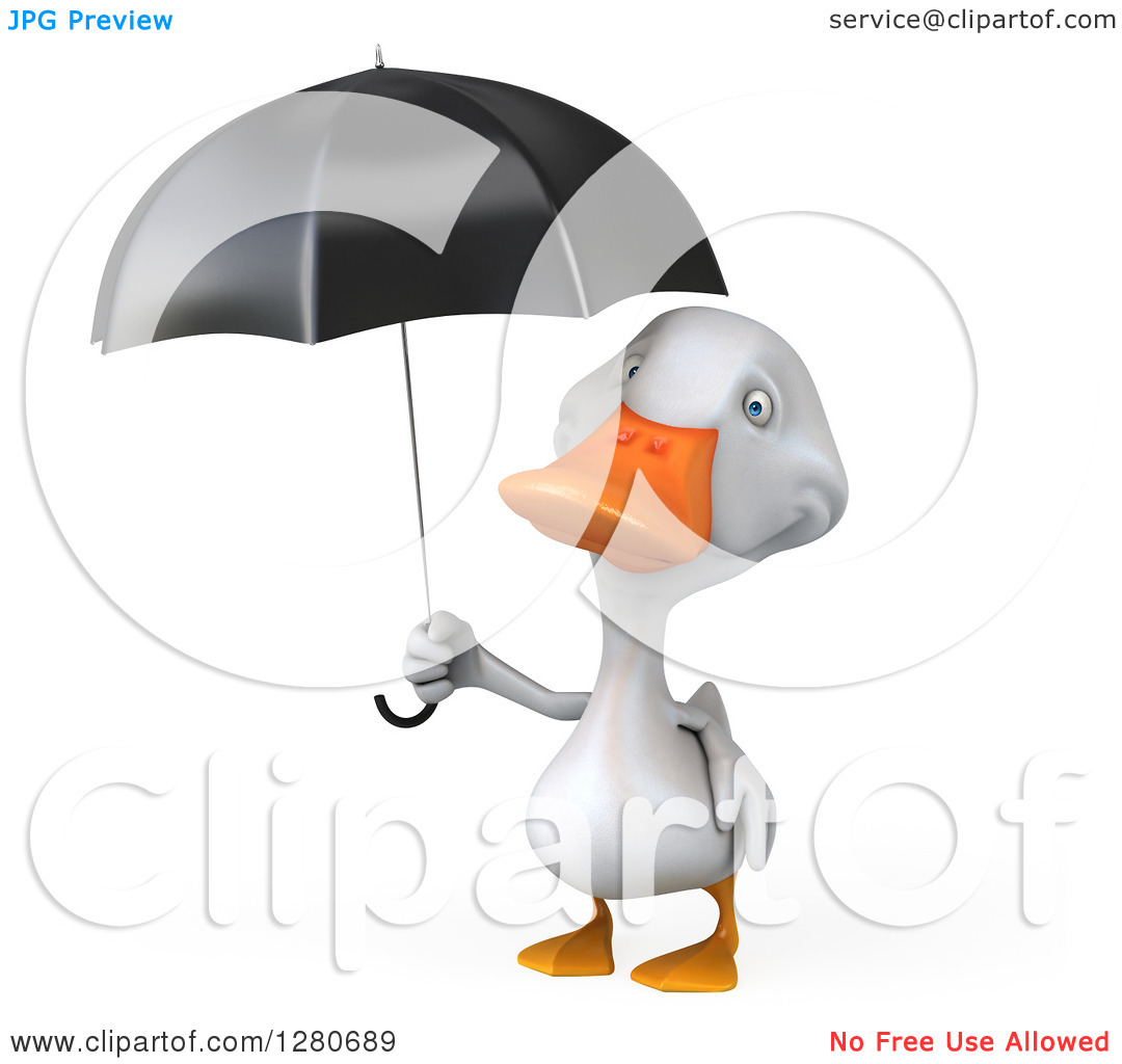 Clipart Of A 3d White Duck Holding An Umbrella   Royalty Free