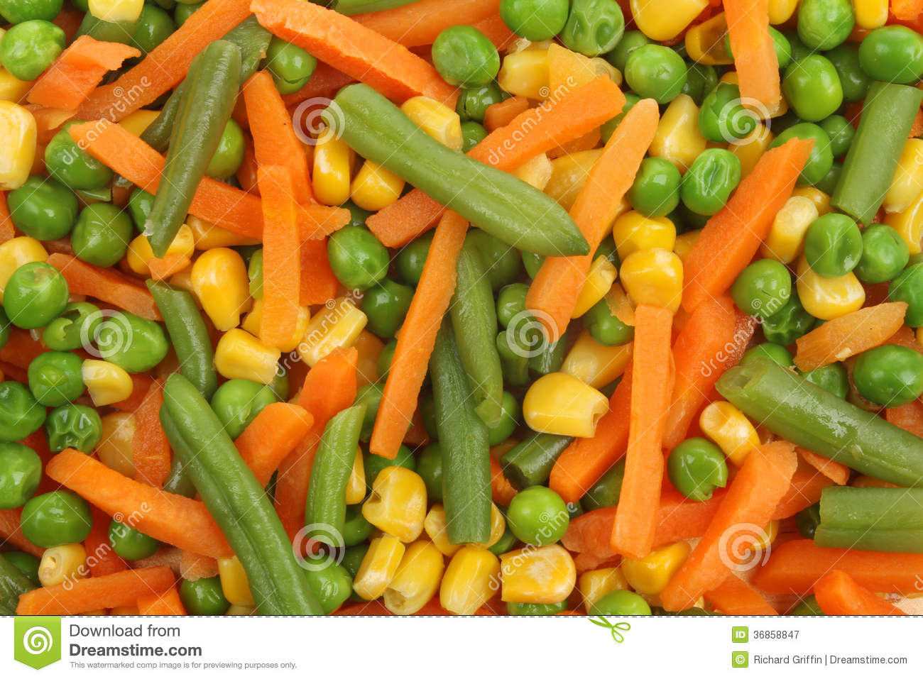 Closeup Of Mixed Vegetables Carrots Peas Sweet Corn And Green Beans 