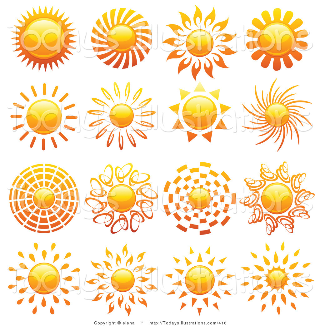 Digital Collage Of Sixteen Shiny Summer Sun Logo Icons Hot Summer Sun