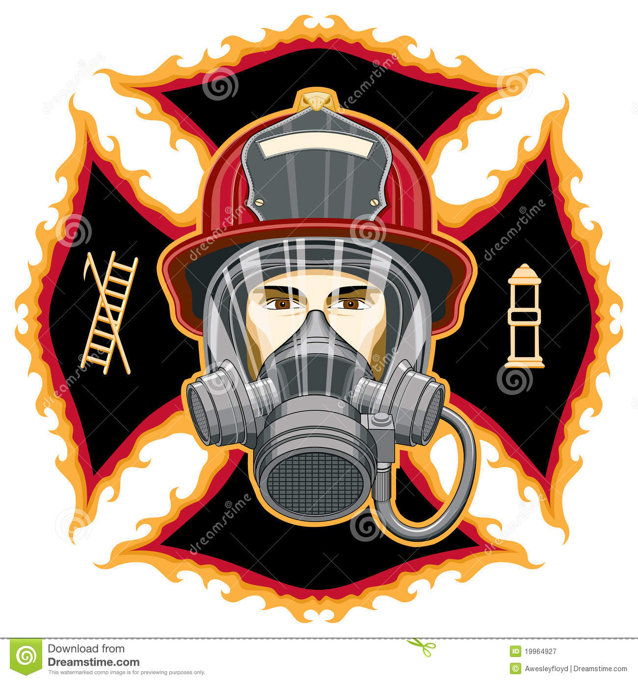 Illustration Of The Head Of A Firefighter With A Helmet And Mask In