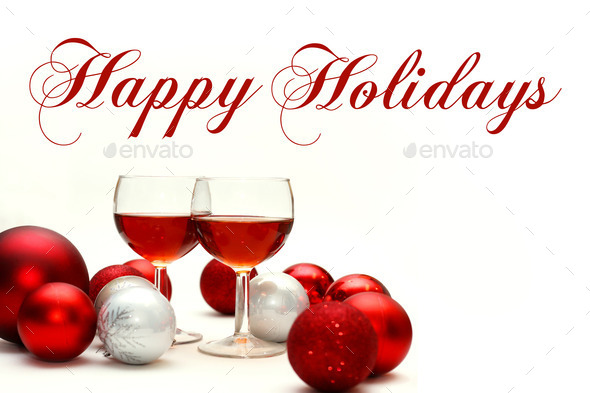 Red Wine And Christmas Decorations With Text Happy Holidays   Stock