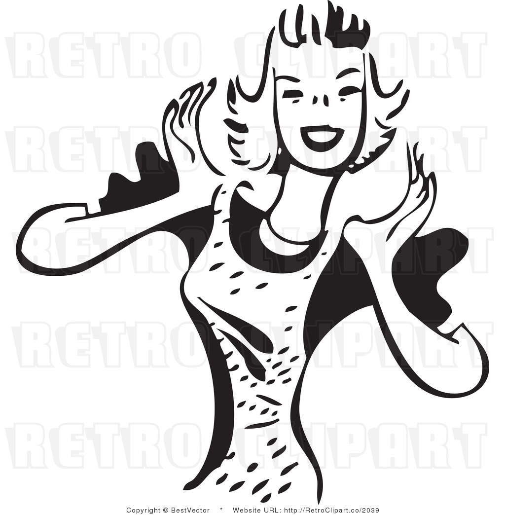 Royalty Free Black And White Retro Vector Clip Art Of A Happy Waitress
