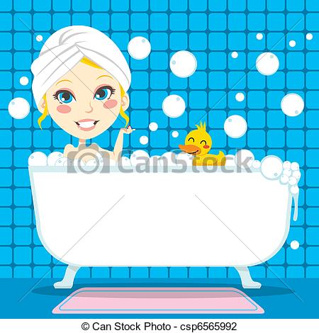 Vector Illustration Of Soothing Bubble Bath   Pretty Blond Woman With