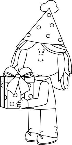 Black And White Birthday Girl With Gift Clip Art   Black And White    